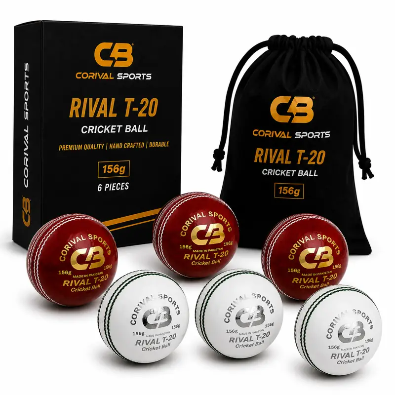 Premium Rival T20 Leather Cricket Balls by Corival Sports, a leading cricket ball manufacturer in Pakistan. Available in red, white with green seam, and pink with black seam for clubs, leagues, and wholesale buyers in the USA.