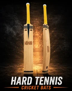COrival Sports Legend Hard Tennis Cricket Bat showing front and side profiles with premium wooden construction and yellow grip.